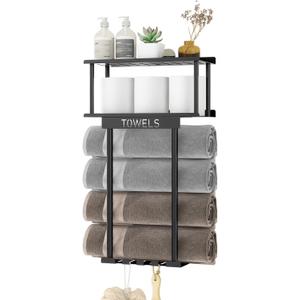 Towel Racks for Bathroom Wall Mounted, Metal Bath Towel Rack for Rolled Towels, Wall Towel Storage Holder with Shelf & Storage Basket, Towel Organizer with Hooks for Small Bathroom - Black