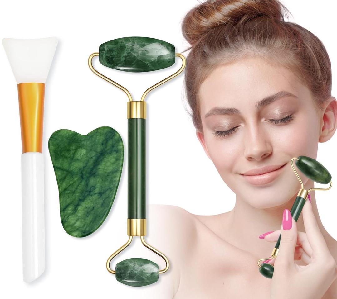 Jade Roller Gua Sha Set, Face Rollers Skin Care Massage Tools, 3 In 1 Natural Facial Roller Stone for Face, Neck, Eye Treatment Body Muscle Relaxing and Relieve Fine Lines and Wrinkles,Gift for Women