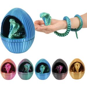 3D Printed Gear Rotary Snake Eggs, with 25'' Movable Joint Fidget Cobra Animal Model Inside, Creative Ornaments Toys for Easter Home Office Tabletop Decor (Blue Green, 5" Egg)