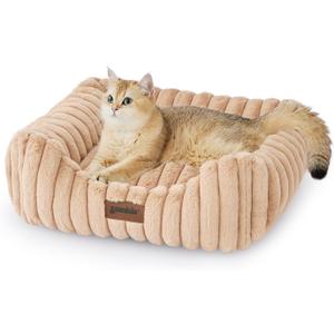 Small Dog Beds for Small Dogs - Washable Cat Beds for Indoor Cats, Rectangle Orthopedic Puppy Bed with Fluffy Removable Cover, 20x19x7inches, Beige