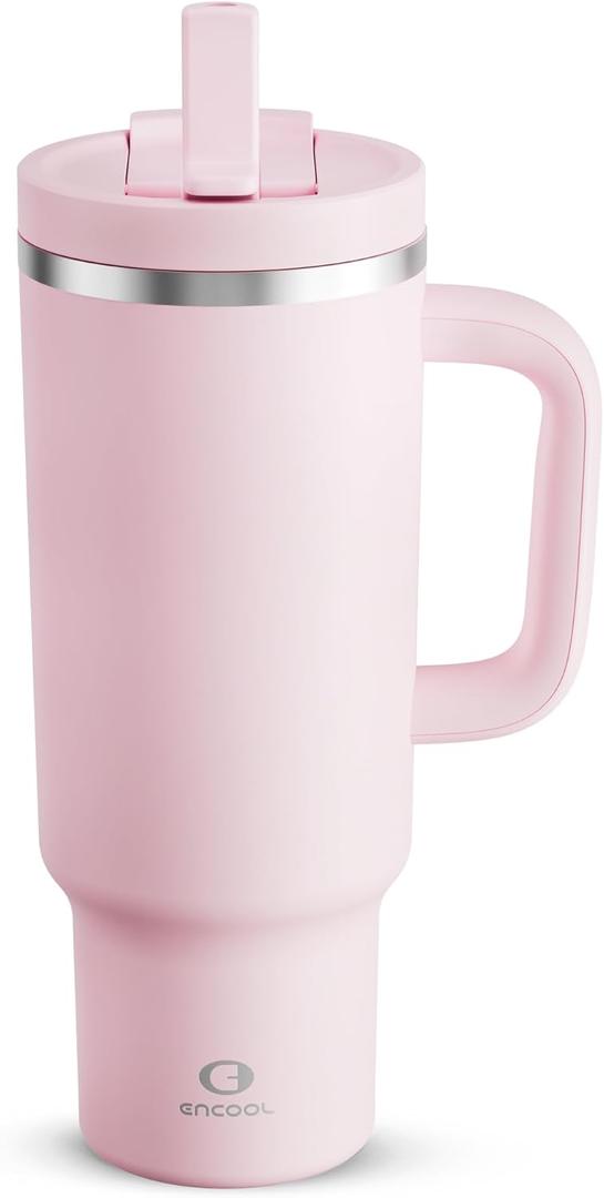 40 oz Tumbler with Handle and Straw: Stainless Steel Insulated Tumbler Keeps Cold for 24 Hours, Leakproof Travel Cup Fits in Cup Holder and BPA-Free, Cotton Candy