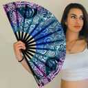 UV Glow Rave Fan, Bamboo Folding Clack Hand Fans Foldable for Men Women, Poping Fan for EDM Festival Line Dance Decoration, (Kaleidoscope Girls, Large 13")