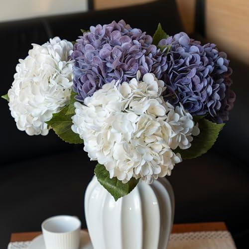 DUYONE 4Pcs 22'' Lifelike Artificial Hydrangea,2 White & 2 Light Purple Large Flowers Artificial Flowers Dry Flowers Outdoor Wedding Christmas Office Family Party Living Room Table Deco