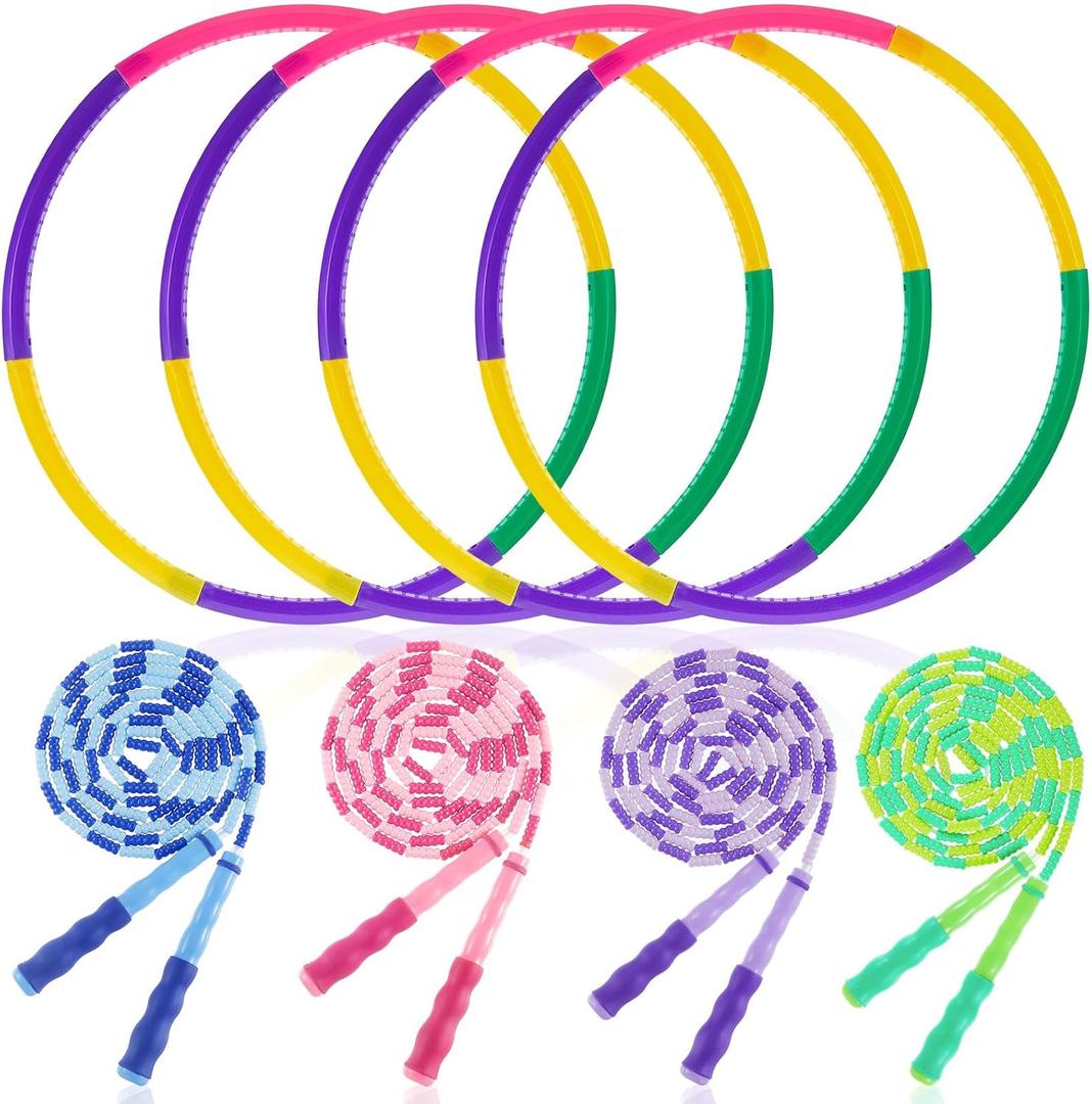 8 Pcs Toy Hoop and Jump Rope Set for Kids Include 4 Skipping Rope and 4 Detachable Weight Size Hoop Gymnastic Fitness Exercise Gift Equipment (Bright Color)