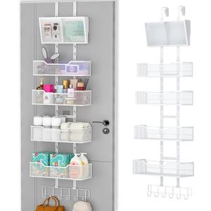 Hongtamoya Adjustable Over The Door Organizer, Hanging Door Storage with PVC Pocket and 4 Metal Baskets Wall Mount, Closet Door Organizer Behind Door Rack for Bathroom Bedroom Closet, White