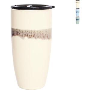 Bosmarlin Ceramic Travel Coffee Cup with Lid, 21 oz, Portable Coffee Mug for Car Cup Holder, Microwave Safe, Reactive Glaze (Forest Beige)