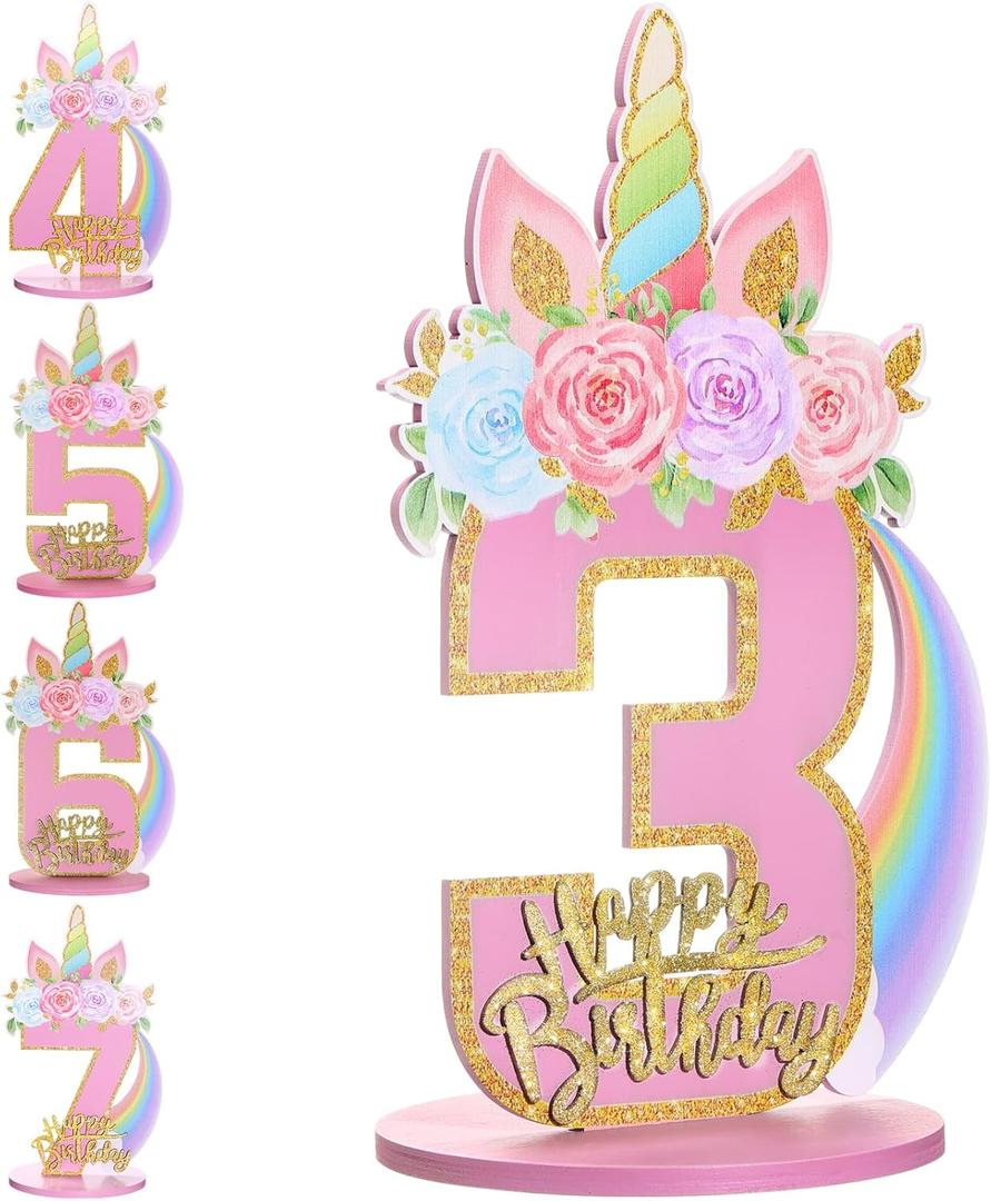 Unicorn 1/2/3/4/5/6/7/8/9th Birthday Number Sign Centerpiece for Girls 11.8 Inch Wooden Table Decoration Unicorn Party Supplies for Kids Anniversary Birthday(Number 3)
