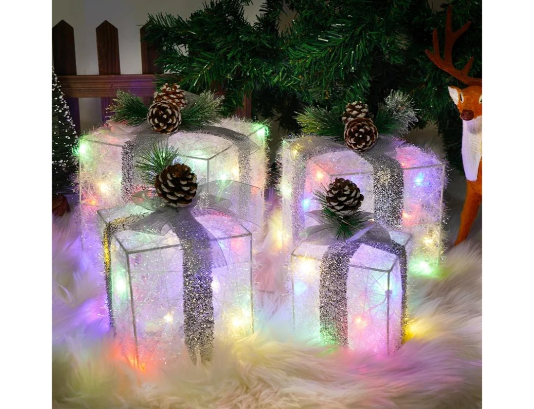 Christmas Lighted Gift Boxes, Pre-lit Lights Gift Boxes Set of 4, Light up Present Boxes Set Battery Operated with Different Sizes for Holiday Indoor Outdoor Decorations(Multi-Colored)