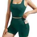 SUUKSESS Women 2 Piece Workout Sets Hidden Scrunch Butt Lifting Biker Shorts Square Neck Tank Tops Size M