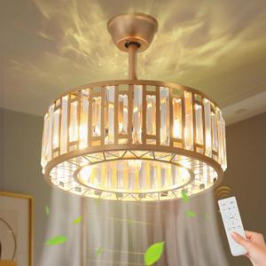 19.1 Inch Gold Fandelier Crystal Ceiling Fan with Light, Caged Chandelier Fan with Remote Control, 6-Speed Reversible Quiet DC Motor, Modern Ceiling Fan for Bedroom Girls Room Kitchen, 20 Inch