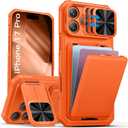 SSLOTSCASE for iPhone 17 Pro Case with Card Holder & Stand & Sliding Camera Lens Cover & Kickstand, Military-Grade Heavy Duty Shock Proof Men Women Phone Case Cover for iPhone 17 Pro 6.3'', Orange