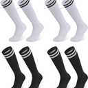 Finerview Kids Soccer Socks Baseball Softball Socks, Knee High Stripes Arch Ankle Support Athletic Socks for Boys & Girls (Small, 4 Pairs Black/White)