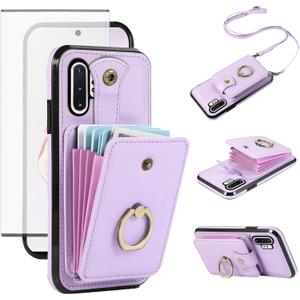 Phone Case for Samsung Galaxy Note 10 Plus Note10+ 5G Wallet Cell Cover with Screen Protector Crossbody Strap Ring Stand RFID Credit Card Holder Note10 + Notes 10+ Ten Not S10 10Plus Women Purple