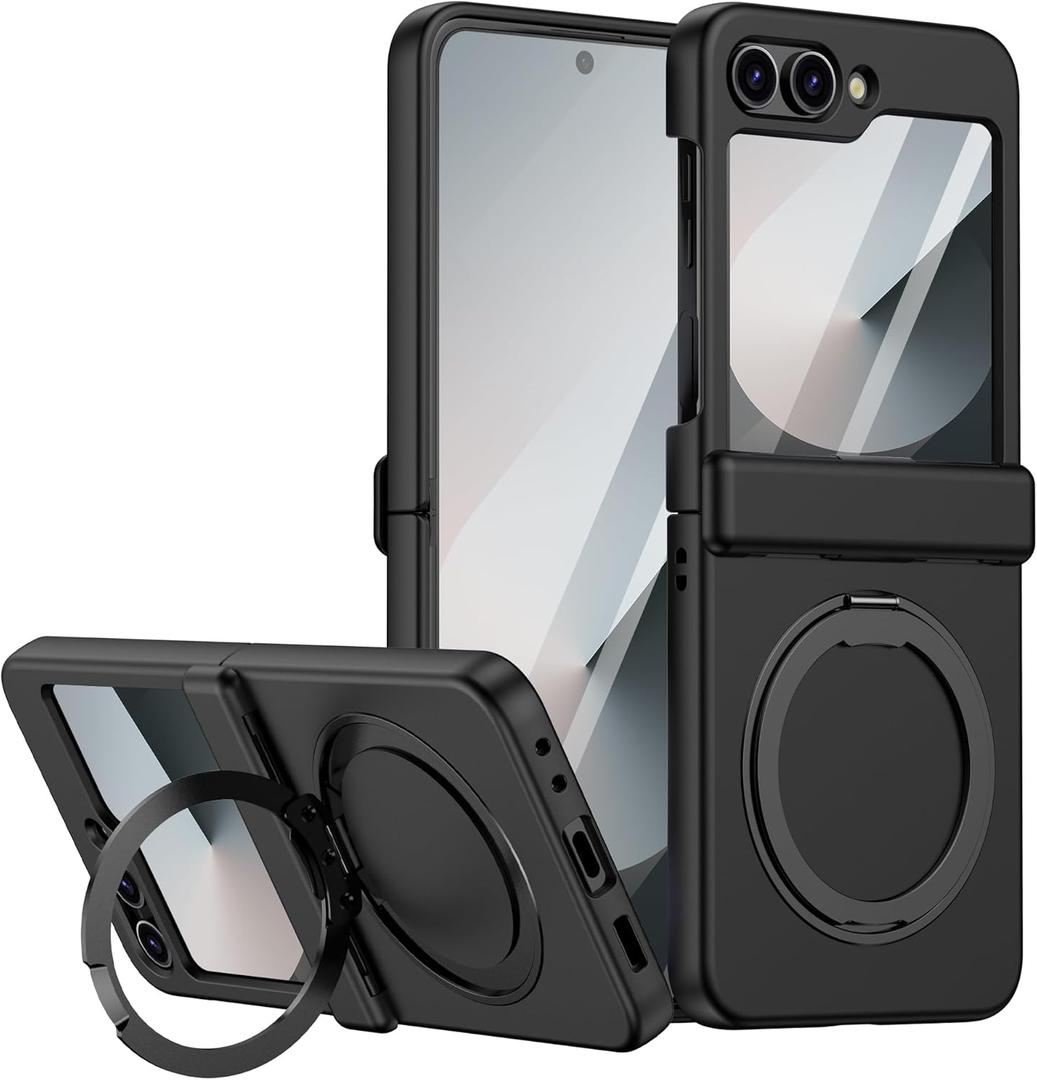 Magnetic Case for Samsung Galaxy Z Flip 6 Compatible with Magsafe, Built-in Kickstand & TPU Hinge Protection Flip 6 Case, Matte PC Cover Ultra Shockproof Phone Case for Z Flip6 (Black)