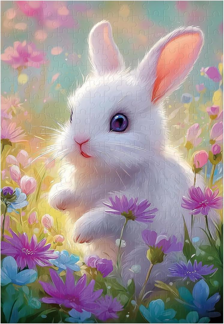 Great Jigsaw Puzzles for Adults 300 Pieces Cute Bunny with Colorful Flowers Puzzles for Adults Toys Gift Family Decoration Kids Puzzle (300PCS-15"x10")