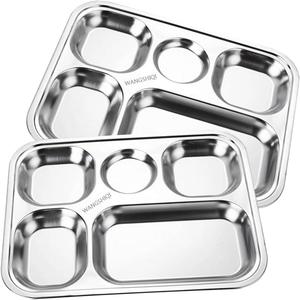 Stainless Steel Divided Plates,2 Pack Stainless Steel Rectangular Divided Plates Tray, 5 Sections Dinner Plates for Adults,Picky Eaters, Campers, and Portion Control (2, 5 divided)