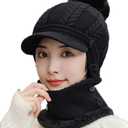 Women One Piece Slouchy Fleece Beanie Hats Scarf Mask Warm Winter Knitted Hat Thick Skull Ski Cap (One Size, A-black)