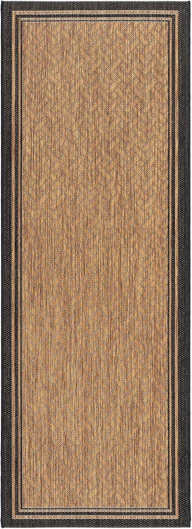 Gertmenian Indoor Outdoor Classic Flatweave Area Rug, Stain & UV Resistant Carpet, Deck, Patio, Poolside & Mudroom, 2x6 Ft Runner, Simple Border, Black Tan, 22013