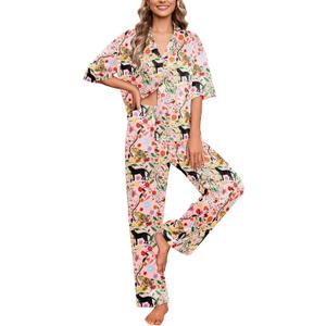 Ekouaer Silk Satin Pajamas Set Women Short Sleeve Pj Sets Button Down Sleepwear 2 Piece Soft Loungewear S-XXL (Pink Tiger)