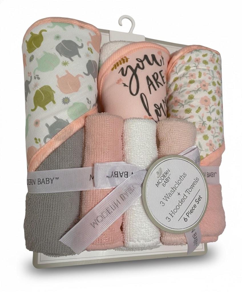 Modern Baby 6 pcs. 3 washcloths 9x9, 3 Hooded Towels 26x30 Elephants & flowers