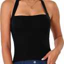 Betu Women Tank Top Ribbed Knit Sleeveless Fitted Crop Shirts (Large, Tie Halter-black)