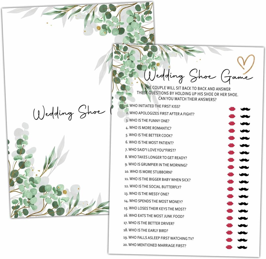 Bridal Shower Party Games, Wedding Shoe Game Minimalist Wedding Shower Game for Adults, 25 Eucalyptus Greenery Engagement Party Games Cards (5" X 7"), Bachelorette Party Supplies Decorations -07