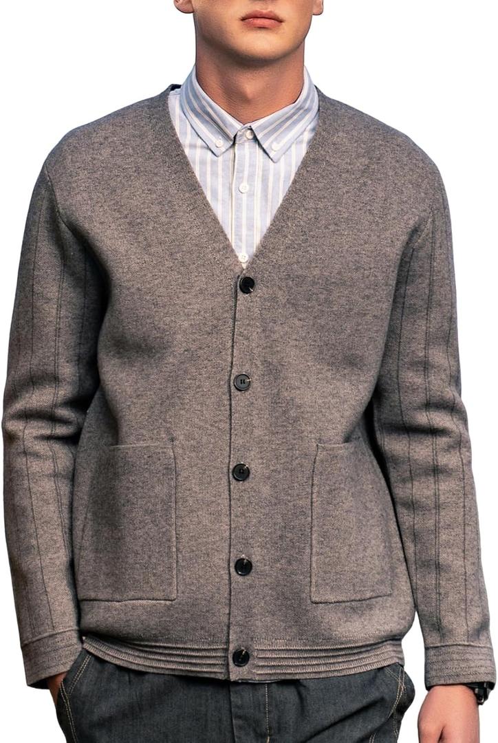 New Sweater V-Neck Solid Color Cardigan Sweater Men's Lazy Style Jacket Clip (Gray, XL)