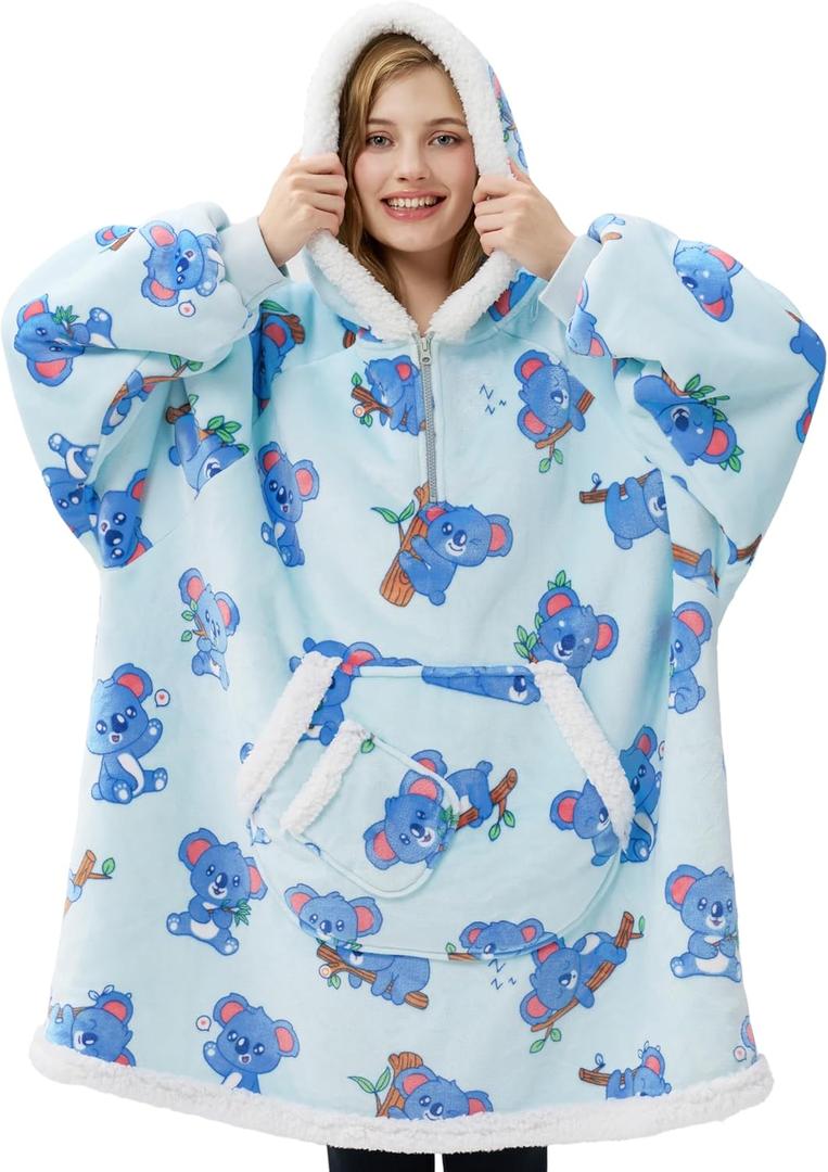 Giggling Getup Wearable Blanket Hoodie for Adults Gifts for Teen Girls Sister Women Sherpa Fleece Printed Hooded Blanket Sweatshirt Warm Cozy with Pocket & Sleeves Sky Blue Koala