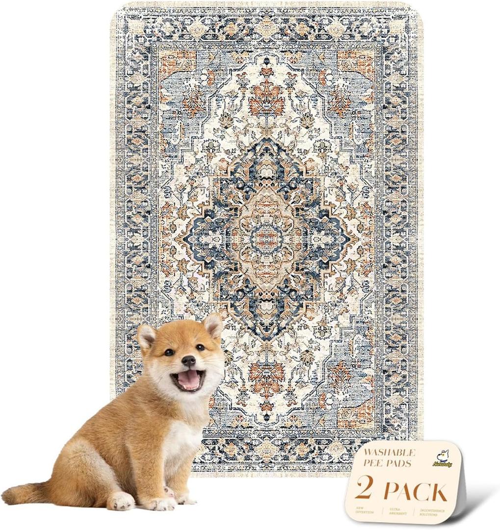 nunubaby Washable Pee Pads for Dogs, Stylish, Non-Slip and Leak-Proof Pee Pads. Reusable Potty Pads for Dogs for Crates and Floors.(Beige/Multi, 24" x36" ) 2 Pack