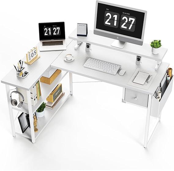 DOMICON Gaming Desk, 47 inch L Shaped Gaming Desk, Computer Desk with LED Lights & Adjustable Stand, Power Outlets, Storage Drawer-White