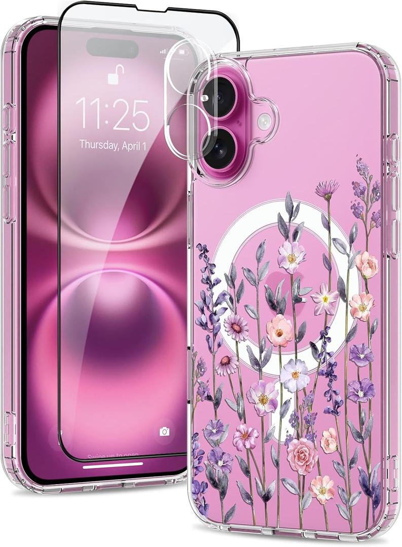 Magnetic for iPhone 16 Case [Compatible with MagSafe][with Screen + Camera Protector] Clear Floral Flower Pattern Design, Slim Shockproof Phone Cover for Women Girls
