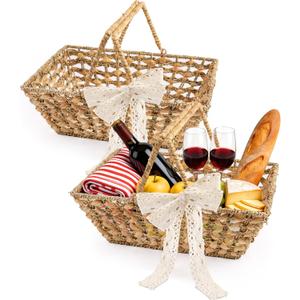 Wicker Picnic Basket with Handle, 15.7" Large Empty Picnic Basket with Wooden Base & Lace, Vintage Hand Woven Basket for Picnics, Camping, Veg Picking, Mother's Day, Thanksgiving (2 Pack)