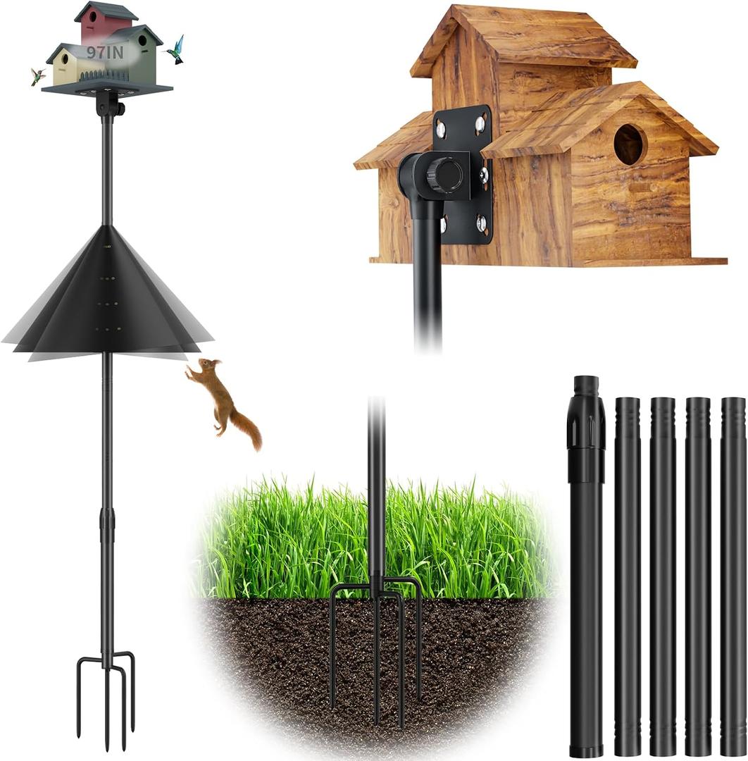 97-Inch Bird Feeder Pole,Adjustable Bird House Pole Stand with Squirrel Baffle,Heavy Duty Adjustable Height Metal Birdfeeder Poles for Outdoor (Bird House Not Included)