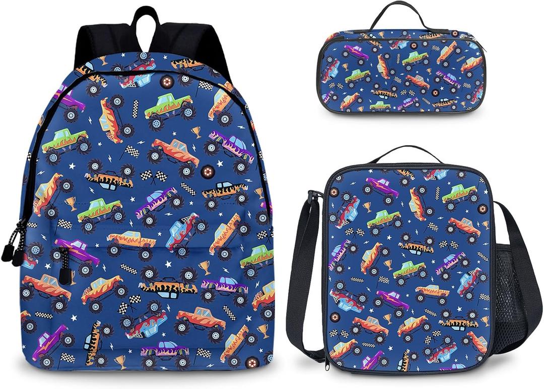 Truck Kids Backpack for School Boys, 3PCS Teen Boy Backpack with Lunch Box & Pencil Pouch Set, Shoulders Travel Daypack Lightweight School Bag Bookbag Set for Kindergarten Primary Middle School