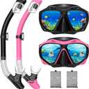 Snorkeling Gear for Adults, Dry Top Snorkel Mask Set, Diving Scuba Mask, Swimming Goggles with Nose Cover, HD Tempered Glass Panoramic Swim Freediving Anti-Leak Anti-Fog Travel Packages (Black+Pink)