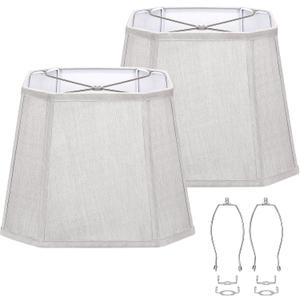 Gray Lamp Shades Set of 2, 10.5" x 10"x 13" Medium Rectangle Lampshades Cut Corner Fabric Lamp Shades Replacement, Include 2 Lamp Harps, Suitable for E26 Base and Saddle Base, Easy Assembly Required