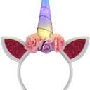 FlashingBlinkyLights Light Up Unicorn Headband with Ears, Flowers & Magical Color Changing LED Horn