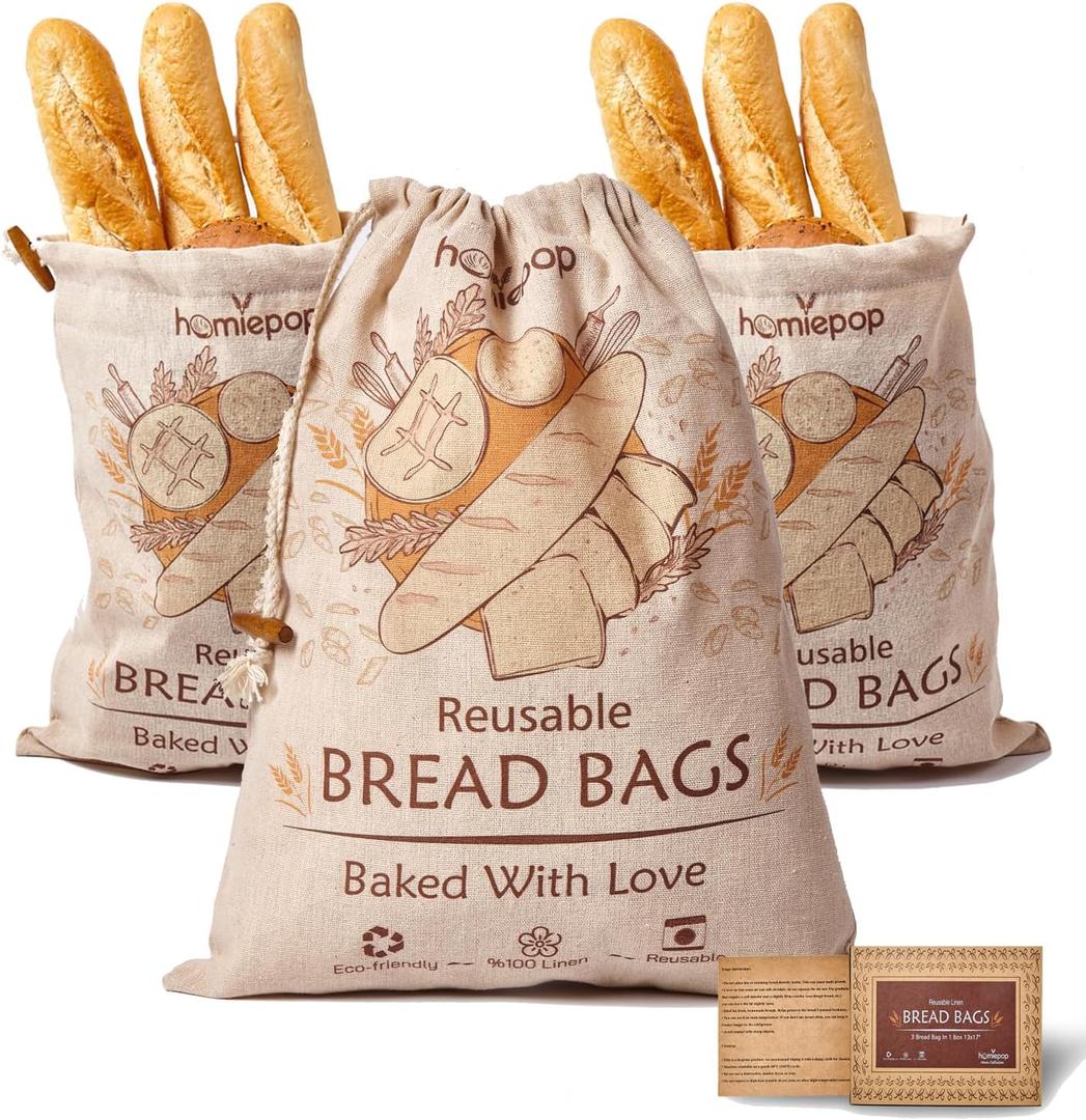 Bread Bags for Homemade Bread  3Pcs Linen Reusable Bread Bags with Drawstring Closure  Cute Rustic Design 17 x 13 Inch Sourdough Bag in Ready to Gift Packaging Box (Beige)