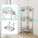HapiRm Standing Corner Shower Caddy - 3 Tier Shower Organizer Corner with Soap Holder and 4 Hooks, Rustproof Bathroom Storage Shelves with Adhesives, Silver