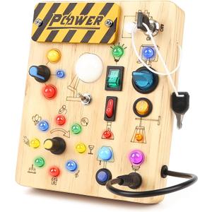 Joyreal Montessori Busy Board Wooden Sensory Toys for Toddler with LED Light Up Switch, Baby Fidget Board Travel Toys for 18+ Months, 1 2 3 Year Old Boys Girls Toddler Toy Gifts (Classic)