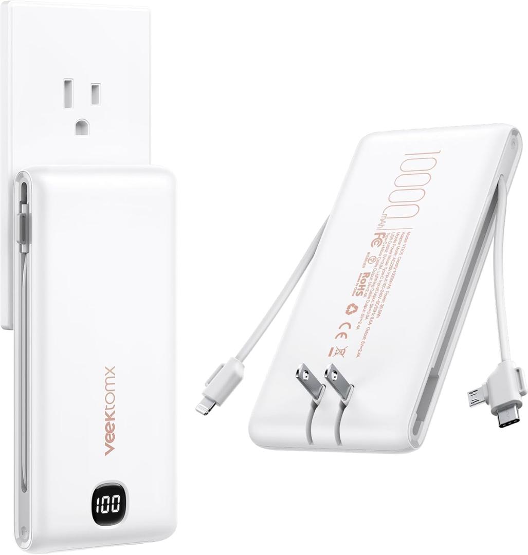 VEEKTOMX Portable Charger with Built in Cables 10000mAh, Power Bank for iPhone with Wall Plug, Travel Essential Fast Charging USB C Slim External Battery Pack for iPhone16/15/14, Samsung, iPad, etc (White)