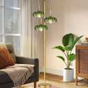 QIYIZM Glass Floor Lamp for Living Room,Bedroom,Mid Century Modern Standing Lamp Brass Tree 3 Light Tall Floor Lamps Vintage Retro Floor Lights Gold Green Flower Lamp Shade Farmhouse Boho Bohemian