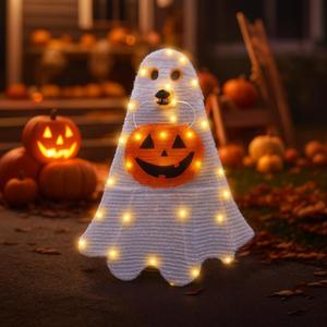 Retisee Lighted Halloween Ghost Dog Puppy with Pumpkin Outdoor Decoration Pre-lit 2D Tinsel Spooky Ghost Dog Halloween Lighted-up Party Courtyard Porch Garden Lawn Display Decor, Not Include Battery