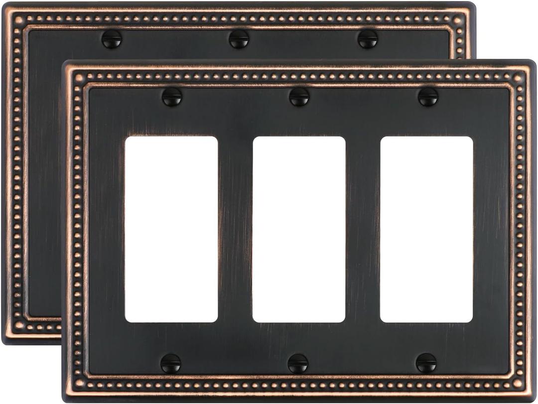 2-Pack Triple Decorator Outlet Cover Plate, Aged Bronze Pearls Decorative Switch Plates and Outlet Covers, Metal Wall Plates for Electrical Outlets, Receptacle, GFCI Outlet, Dimmer Switch