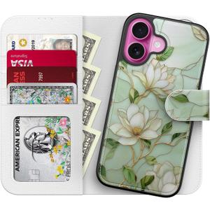 LUHOURI for iPhone 17 Case Wallet - Wireless Charging Compatible Detachable Flip Folio Leather Cover - RFID Blocking 4 Card Slots Holder - Protective Phone Case for Women - Vintage Magnolia Flowers