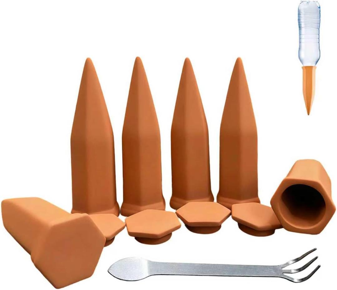 Large Clay Watering Spikes with Lids, Olla Spikes | 6 Pack Self-Watering Stakes for Indoor & Outdoor Planters | Terracotta Vacation Plant Waterer, Slow Release Devices with Rake