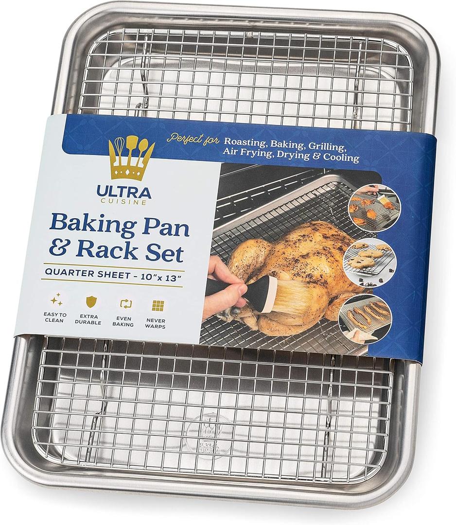 Ultra Cuisine Quarter Sheet Pan with Wire Rack Set - Includes Premium Aluminum Baking Sheet with 100% Stainless Steel Baking Rack, Dishwasher Safe Cookie Cooling Racks with 1/4 Pan Commercial Quality