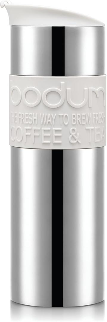 Bodum 15oz Double Wall Insulated Travel Mug with Lid, Stainless Steel w/White Silicone Sleeve