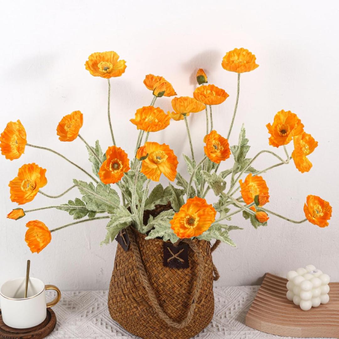 ASTRYAS 8 Stems Artificial Flowers Fake Faux Poppy Silk Bouquet Orange Flowers for Wedding, Home, Party Decoration,Table Centerpiece Arrangement(8, Orange)