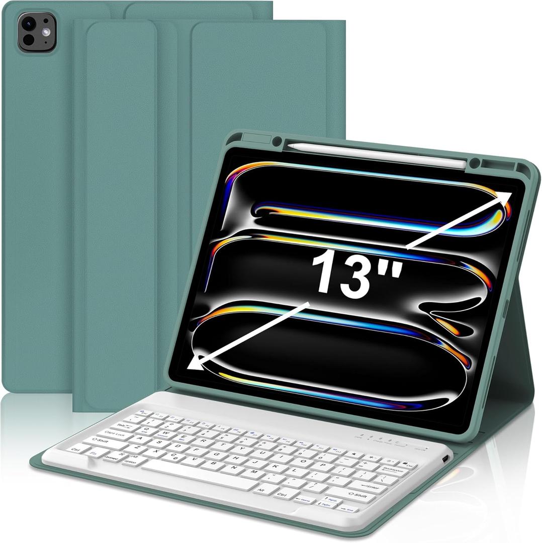 JADEMALL Keyboard Case for iPad Pro 13 inch (M4) 7th Generation 2024, Wireless Bluetooth, Detachable Keyboard with Pencil Holder, Sleep/Wake Synthetic Leather Folio, Dark Green